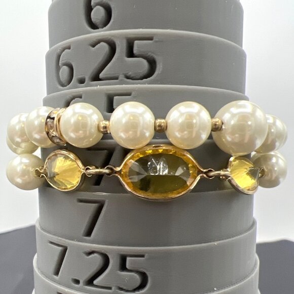 Vintage Napier Double Strand Bracelet Faux Pearl Yellow Crystal Gold Tone 6.5" - Picture 2 of 8